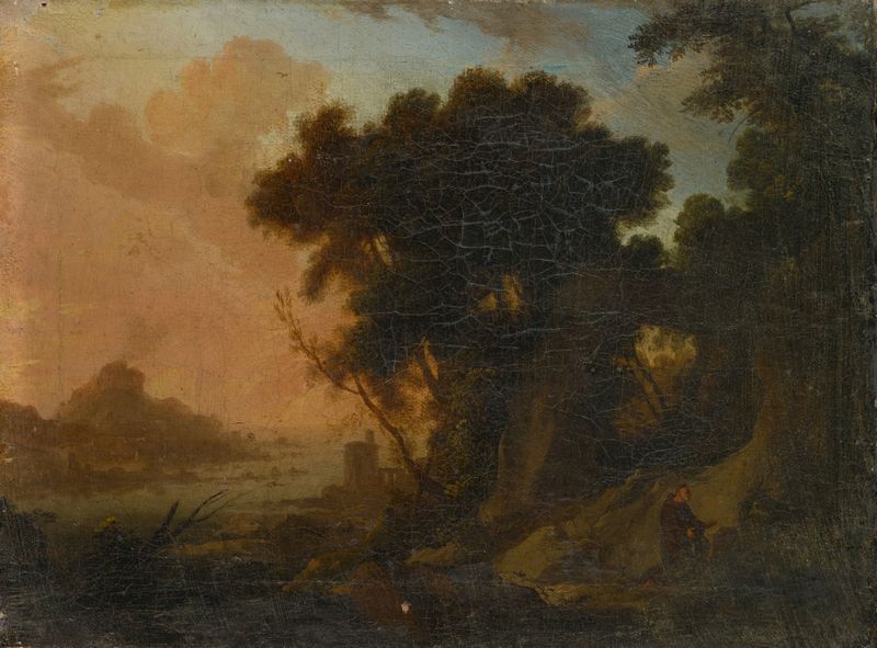 Landscape with Hermit, pintura a óleo de Pierre Antoine Patel the younger, apresentando um eremita em um cenário verde exu...