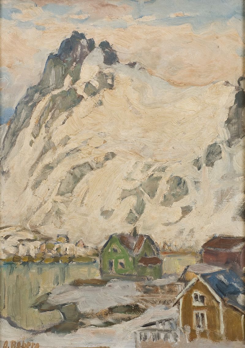 Oil painting by Anna Boberg depicting a mountainous landscape in Lofoten