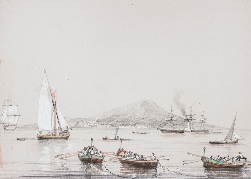 Paisagem do Monte Vesúvio com colinas e neblina de Giuseppe Canella, século XIX