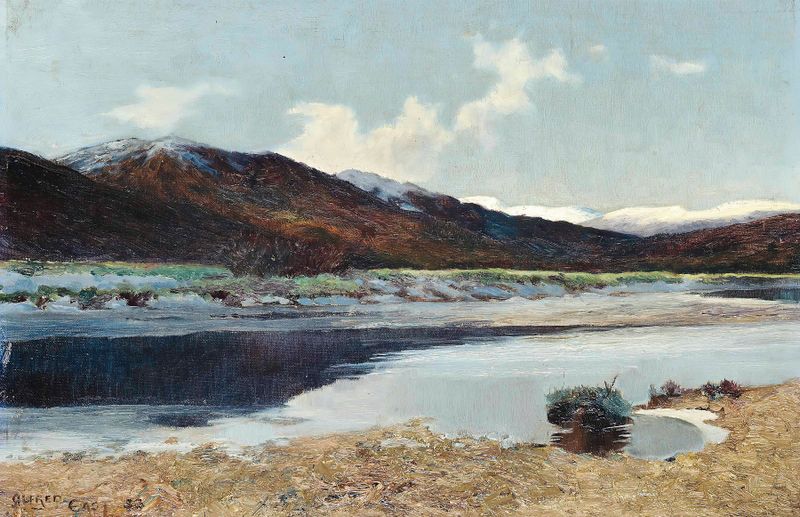Landscape of Loch Lomond, Scotland by Sir Alfred East, oil painting depicting a serene lake at dusk.