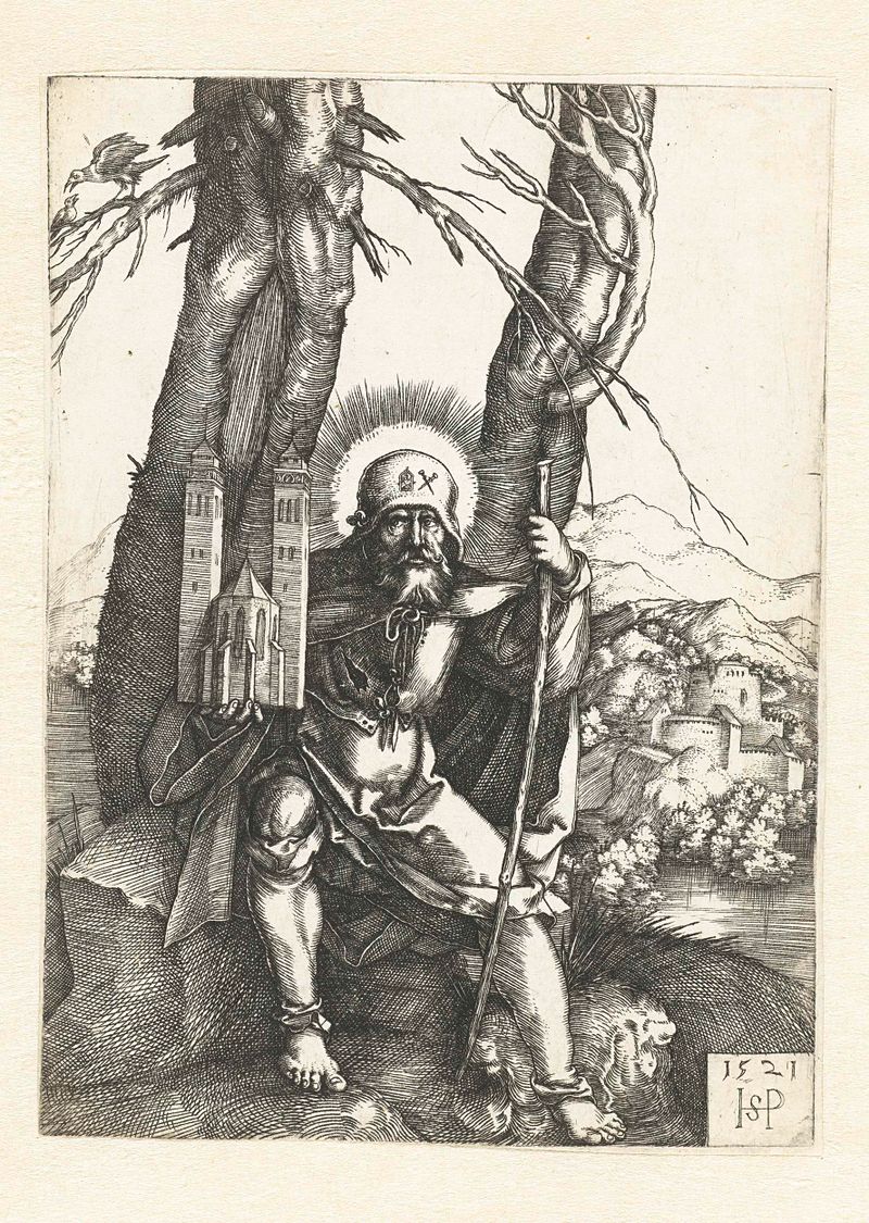 Gravura de Hans Sebald Beham mostrando São Sebaldo com um modelo de igreja.