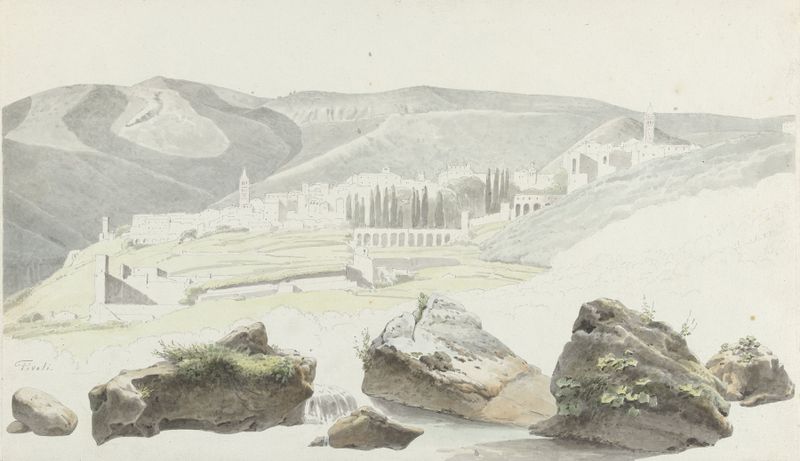 Landschap en stadsgezicht bij Tivoli de Josephus Augustus Knip, óleo sobre tela representando colinas e uma paisagem urbana.