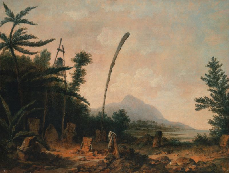 Burial Ground in the South Seas, oil on canvas by John Webber, featuring lush greenery around a burial site.