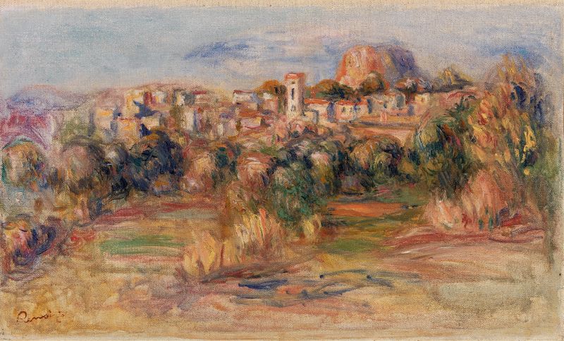Paisaje, La Gaude de Pierre-Auguste Renoir, óleo sobre lienzo que muestra un follaje exuberante y luz solar.