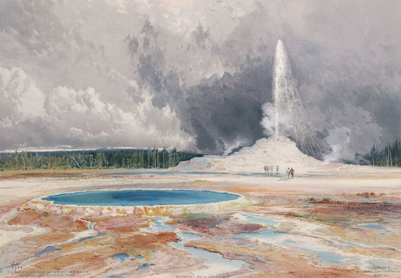 The Castle Geyser, Upper Geyser Basin, Yellowstone National Park, pintura a óleo de Thomas Moran