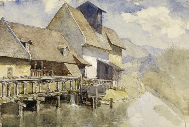 Paisagem com um moinho cercado por vegetação, pintura a óleo de Marie Egner