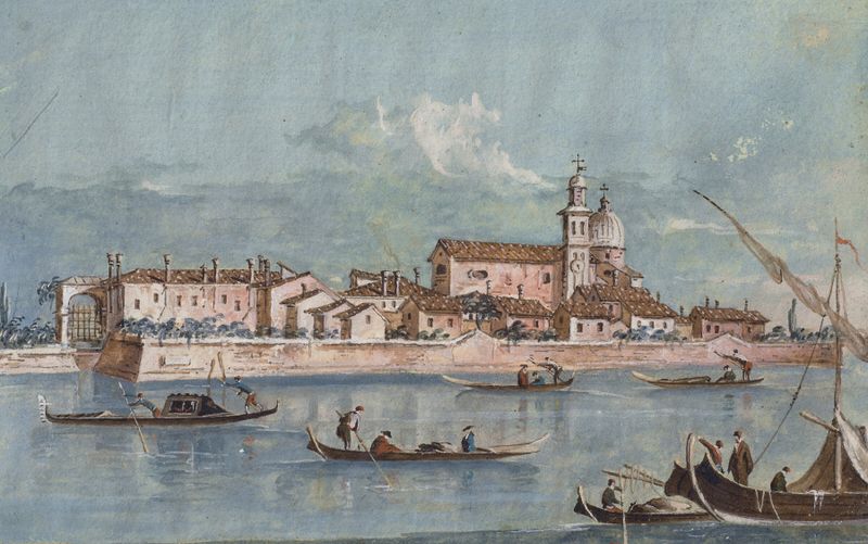 La Isla de la Certosa de Giacomo Guardi, óleo sobre lienzo que muestra aguas tranquilas y luz.