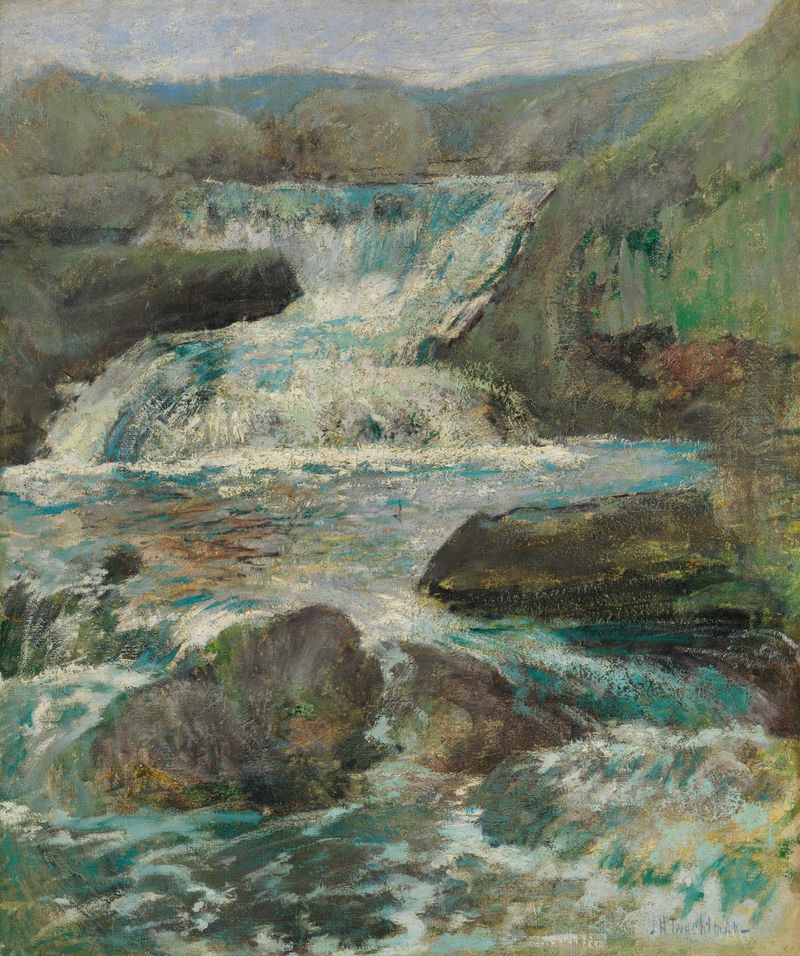 Horseneck Falls by John Henry Twachtman, oil on canvas depicting a tranquil waterfall and lush greenery.