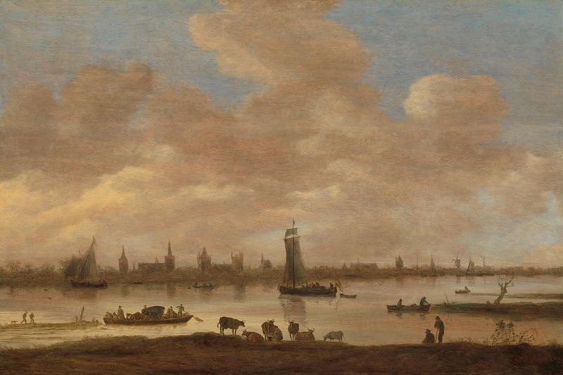 Paisagem com um rio e uma vila ao crepúsculo por Jan van Goyen, pintura a óleo
