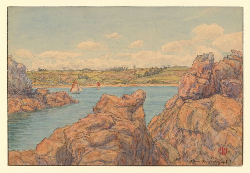 Loguivy de Henri Rivière, acuarela sobre papel con formas en espiral en oro y azul