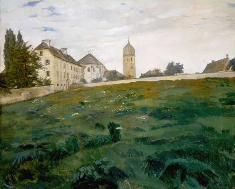 Pintura al óleo impresionista de Wilhelm Trübner que representa una torre de iglesia y un prado