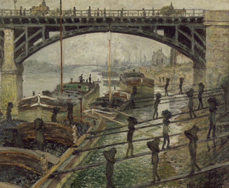 The Coalmen de Claude Monet, pintura al óleo que representa trabajadores en un paisaje suave.