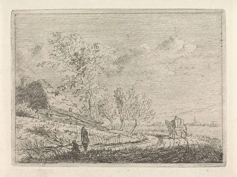 Landschap met kar en twee vissers, etching by Johannes Christiaan Janson depicting fishermen by a river.