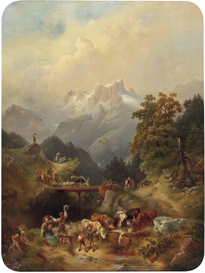 Almabtrieb im Hochgebirge by Rudolf Swoboda, oil on canvas depicting cattle in an alpine landscape