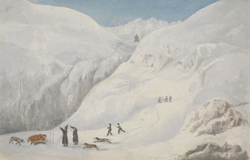 Mt. St. Bernard de Isaac Weld, acuarela sobre papel que representa un paisaje suizo con montañas y cielo.
