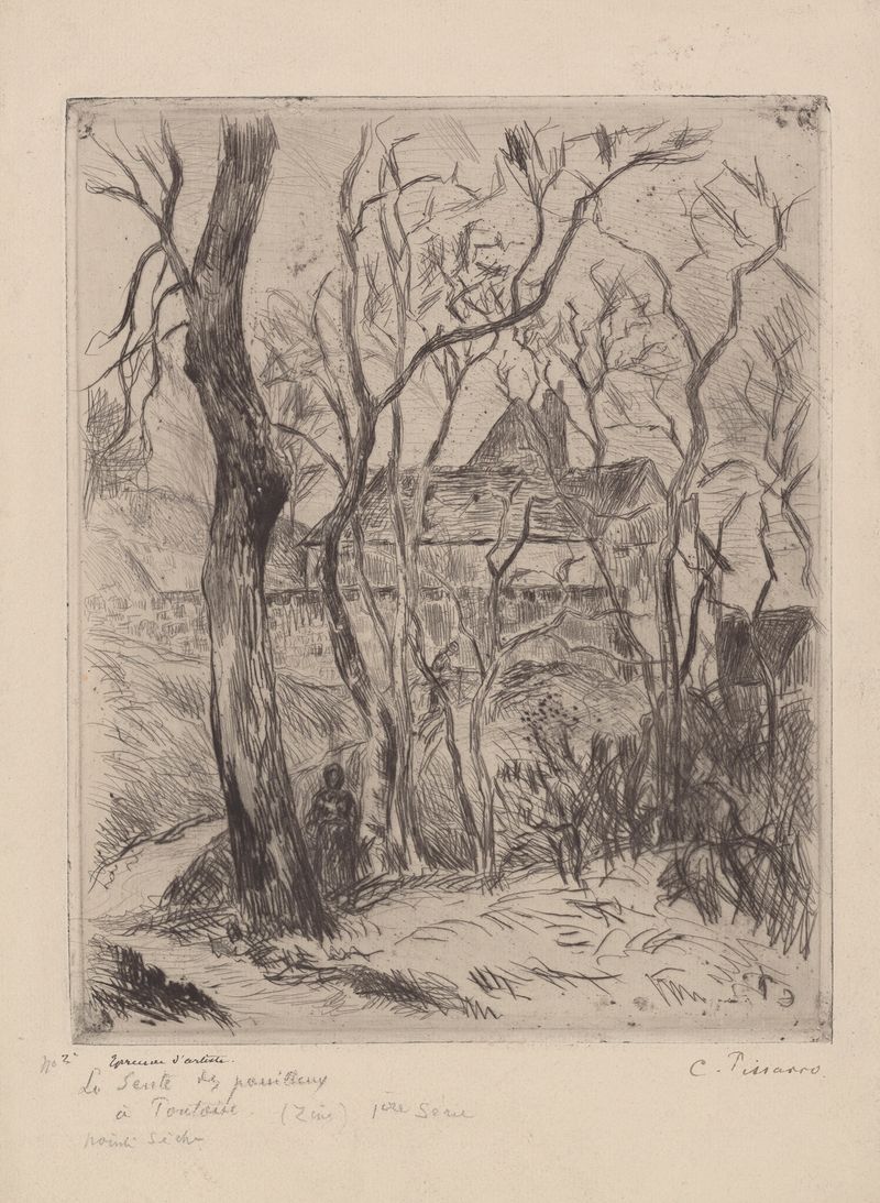La sente des pouilleux à Pontoise, óleo sobre tela de Camille Pissarro, mostrando um caminho ensolarado entre árvores.