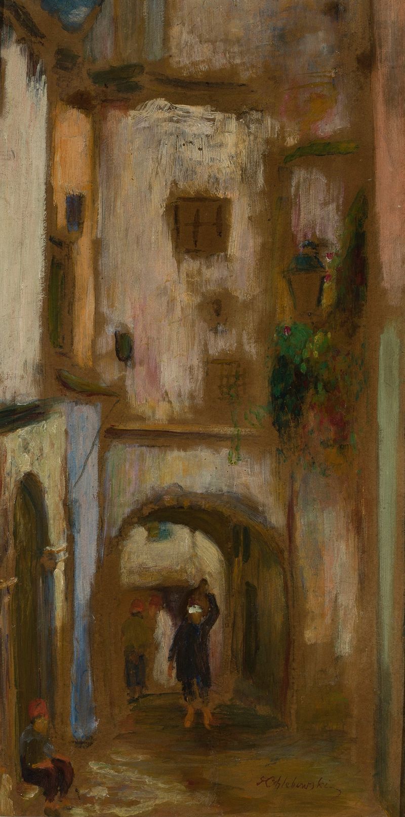 Alleyway scene with cobblestones and golden light, oil on canvas by Stanisław Chlebowski