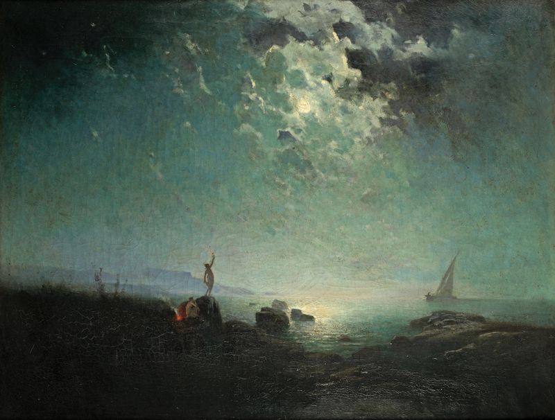 Cena costeira ao luar de Jean d'Alheim, óleo sobre tela mostrando ondas suaves e uma lua brilhante.