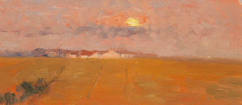 Evening Light de Marie Egner, óleo sobre tela que retrata um pôr do sol sobre colinas e um lago