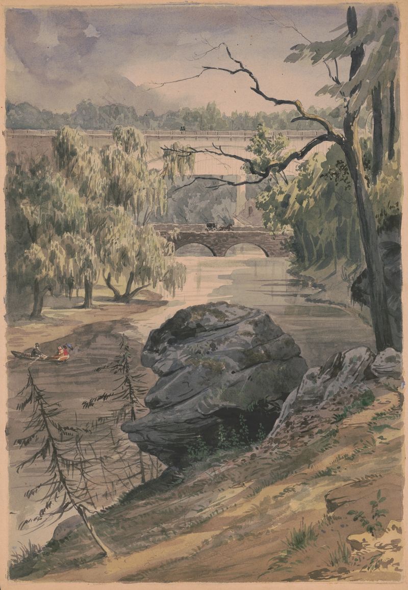 Paisagem com pontes sobre Wissahickon Creek por James Fuller Queen, pintura a óleo