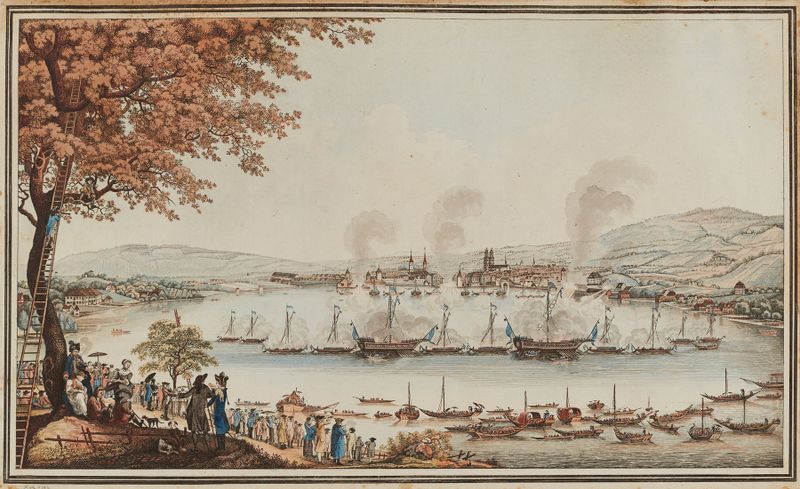 Cena marinha representando uma ação no mar de Johann Jakob Aschmann, meio desconhecido