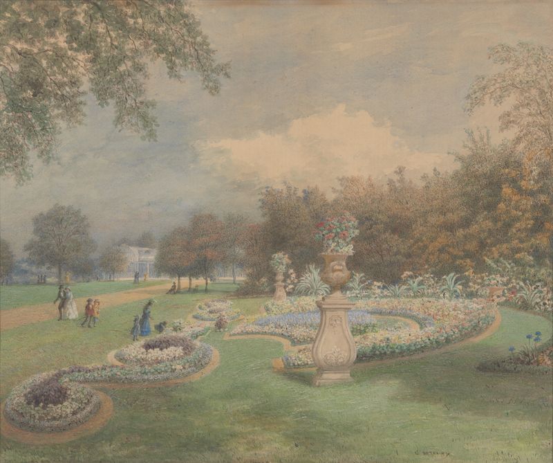 Regents Park by George Harvey, oil on canvas depicting a lush landscape with vibrant flowers and greenery.