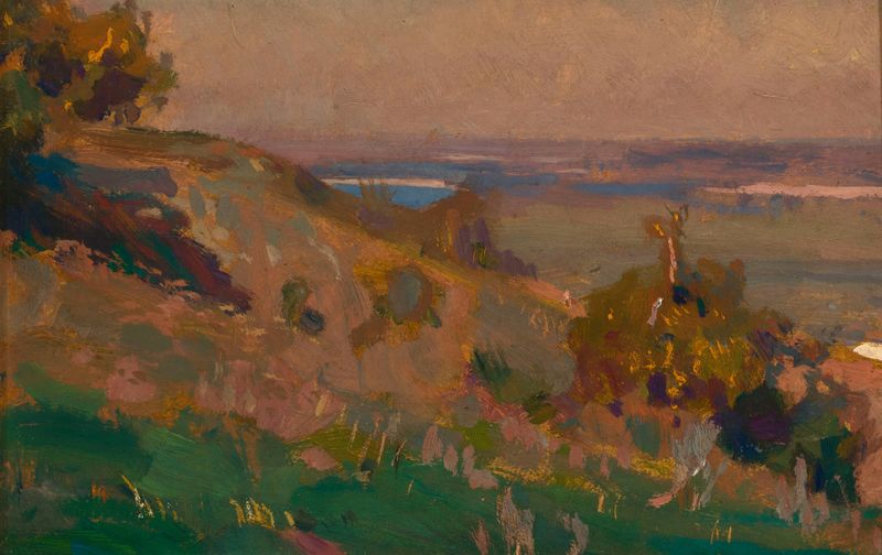 Paisaje de Kiev de Jan Stanisławski, óleo sobre lienzo con techos y un cielo azul.