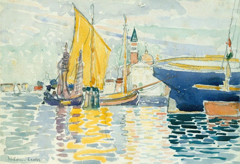 Venice-The Giudecca, pintura a óleo de Henri-Edmond Cross, retratando reflexos vibrantes na água.