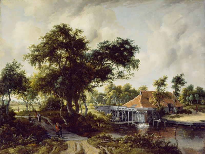 A Watermill de Meindert Hobbema, pintura a óleo que retrata uma paisagem serena com um moinho de água e um rio.
