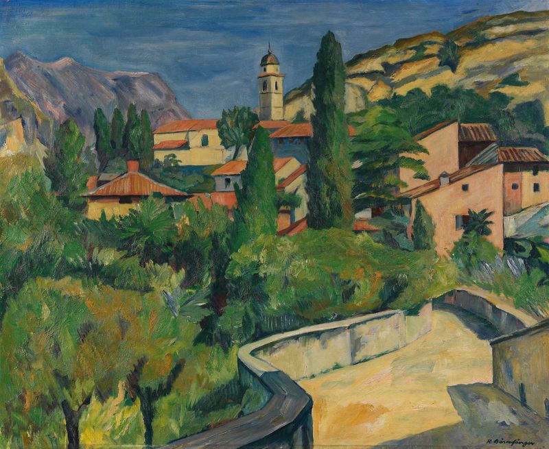 Paisaje de un lago tranquilo con luz solar y ondas, óleo sobre lienzo de Karl Bärenfänger