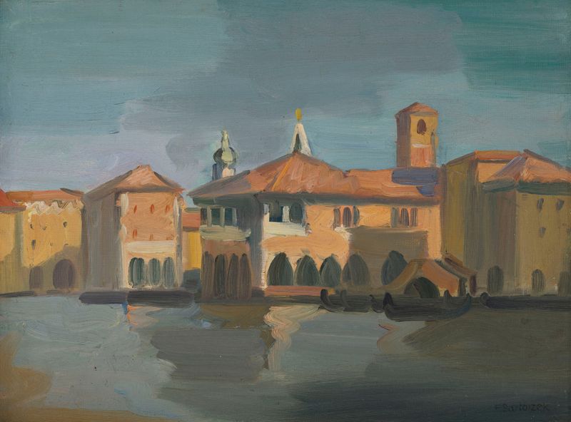 Oil painting by Franciszek Bartoszek depicting vibrant waterways of Venice