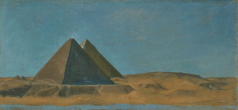 Les grandes pyramids, pintura a óleo de Jean Lecomte du Nouÿ, retratando pirâmides ao amanhecer.