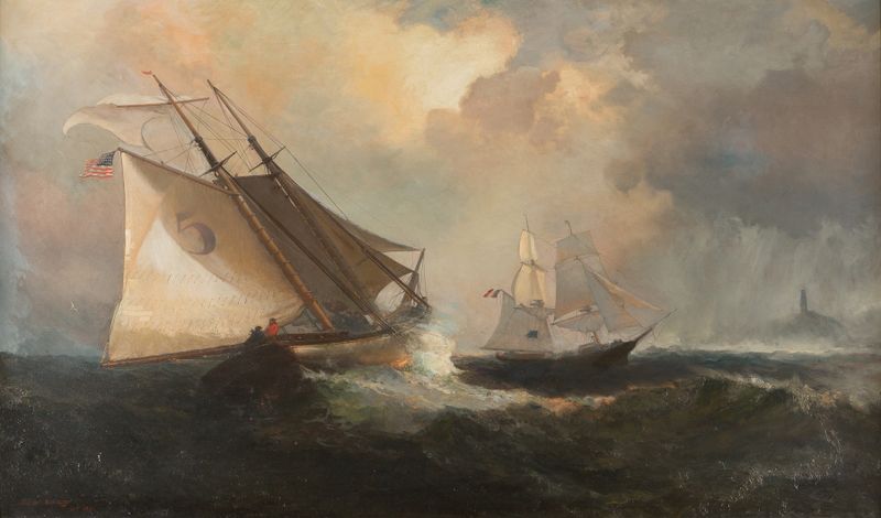 Barcos à vela em uma tempestade de Julian Oliver Davidson, pintura a óleo que retrata ondas turbulentas.