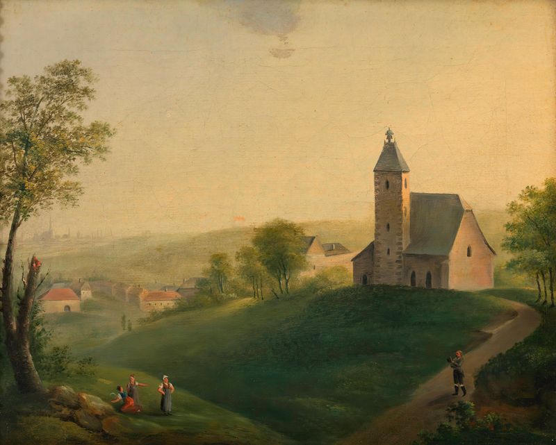 Óleo sobre lienzo de Unknown Artist que representa una iglesia con colinas y vista de la ciudad.