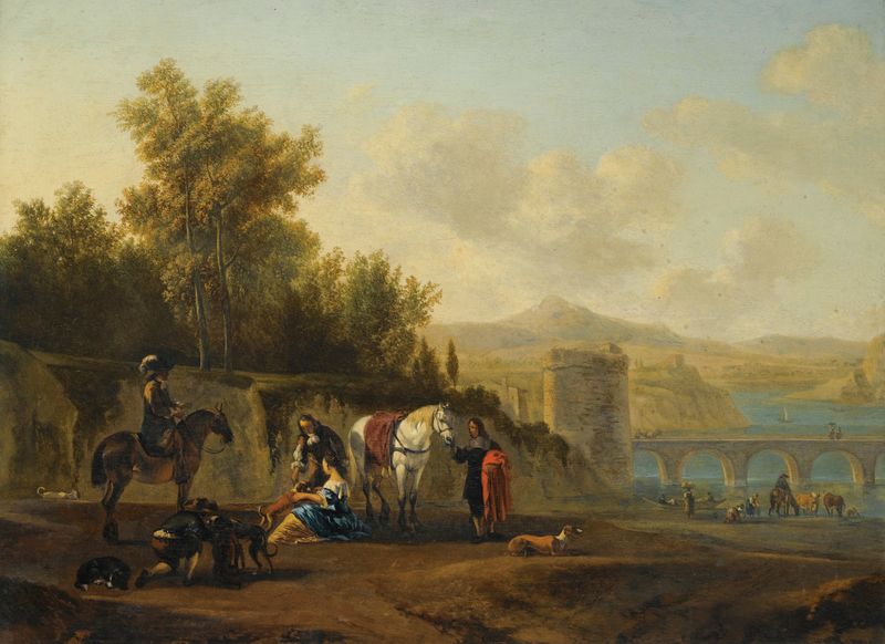 An Extensive Italianate River Landscape with travellers resting on a path, by Gerrit Adriaensz. Berckheyde, medium unknown.