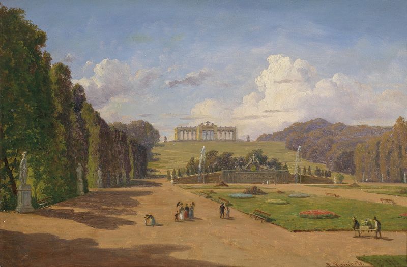 Blick auf die Gloriette by Franz Xaver Reinhold, oil on canvas depicting hills and a gloriette.