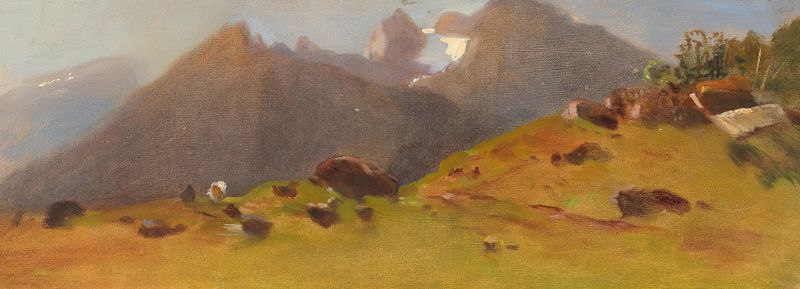 Mountain pasture oil painting by Eugen Jettel featuring grass and snow-capped peaks.