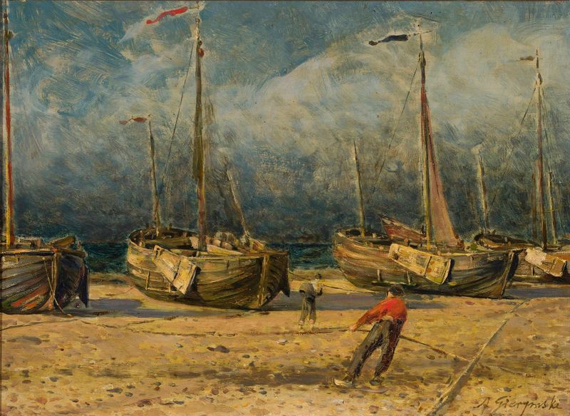 Barcos de pesca en la costa, óleo sobre lienzo de Aleksander Gierymski