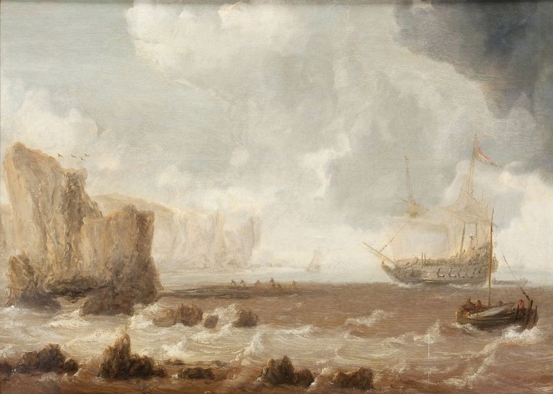 Dutch Golden Age oil painting by Bonaventura Peeters the Elder depicting a battleship in stormy seas.