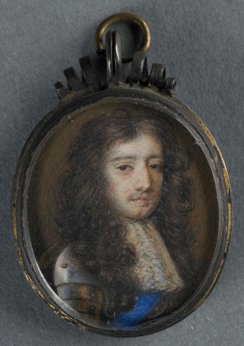 Portrait of Willem III, oil painting by Richard Gibson, depicting a young prince in blue and gold attire.