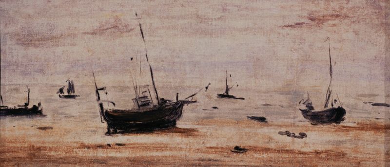 Bateaux échoués à marée basse de Eugène Boudin, pintura a óleo de barcos encalhados em uma praia de areia ao pôr do sol.