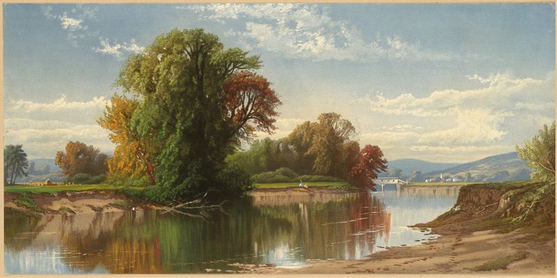 Early Autumn on Esopus Creek, óleo sobre lienzo de Alfred Thompson Bricher, que representa un paisaje otoñal tranquilo.