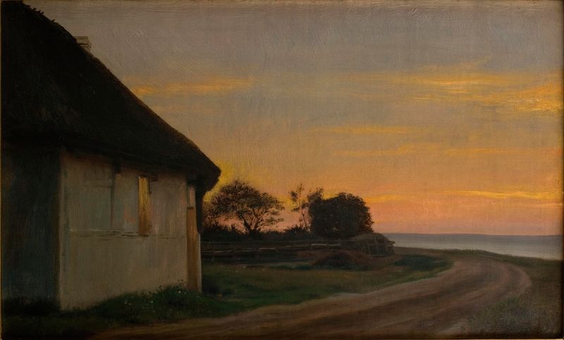Evening landscape with a house and garden by the sea, oil painting by Carl Bloch
