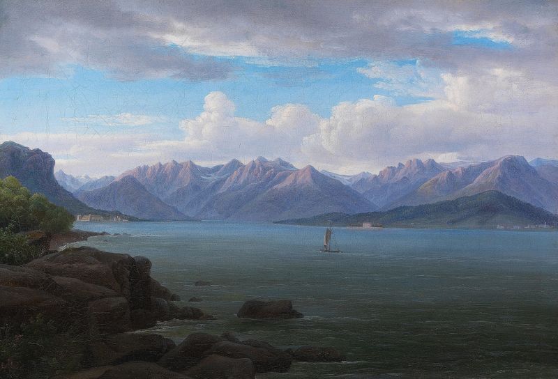 Küstenszene mit Segelboot de Karl Christian Sparmann, óleo sobre tela que retrata um veleiro na costa.