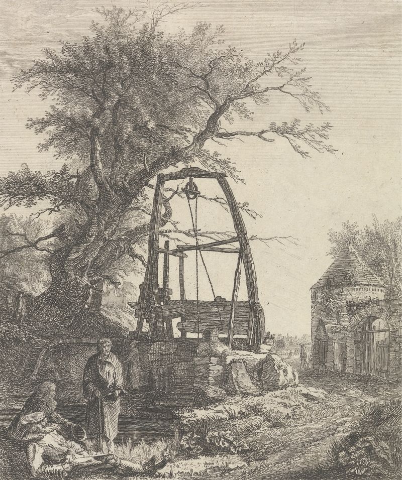 Cena de gênero de mendigos descansando perto de um poço, pintura a óleo de Paul Sandby