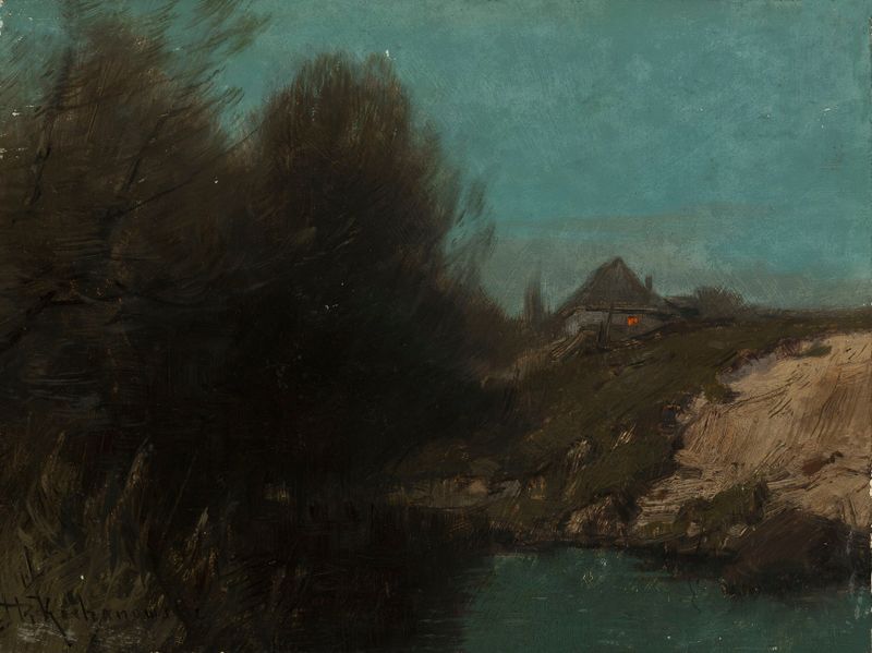 Landscape with a cottage by Roman Kazimierz Kochanowski, realism, depicting a cottage surrounded by greenery.