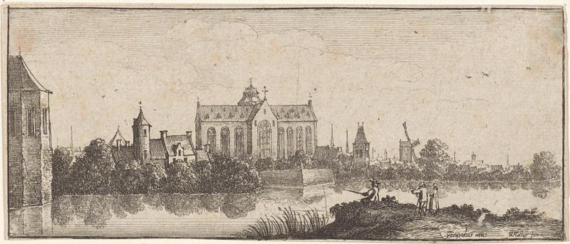 Gravura paisagística de Wenceslaus Hollar com uma igreja e reflexos na água