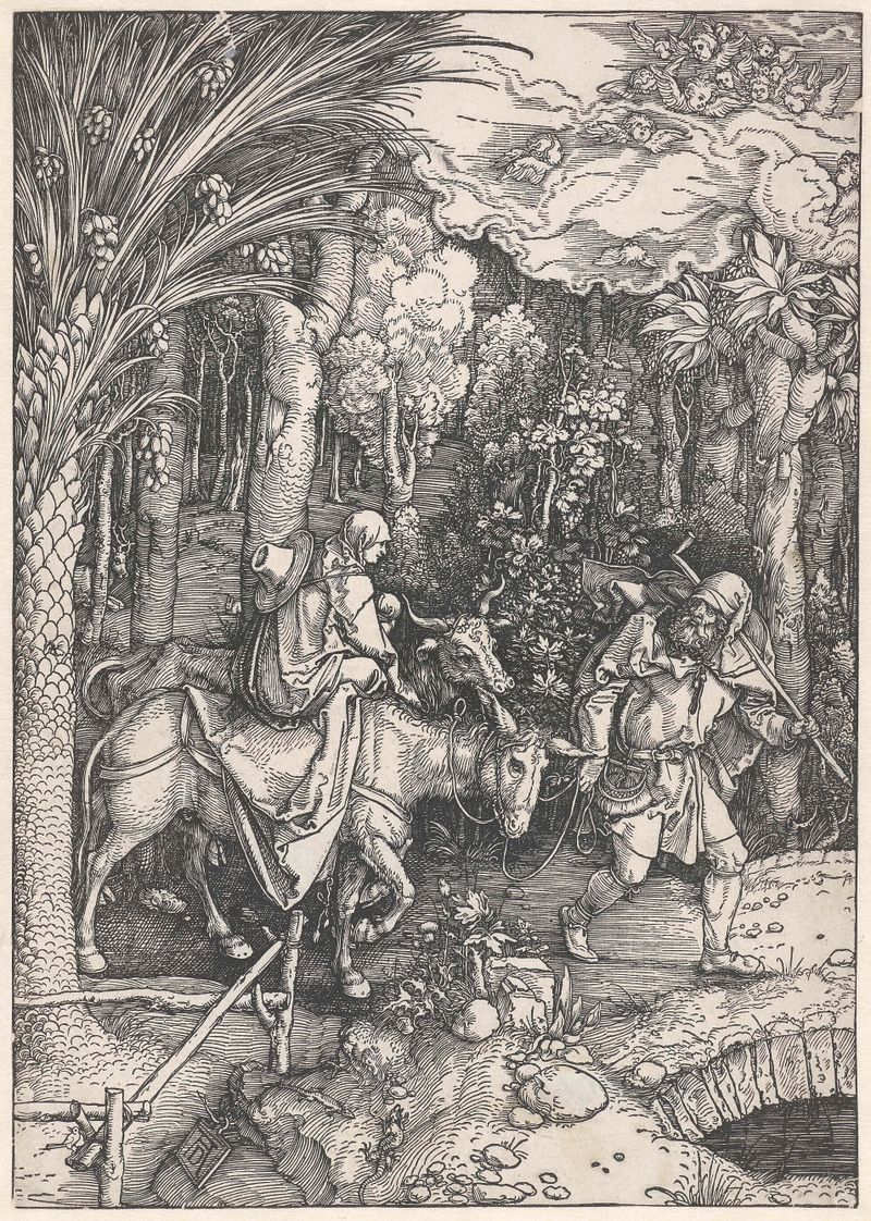 Vlucht naar Egypte de Albrecht Dürer, meio em papel, retrata a jornada da Sagrada Família.