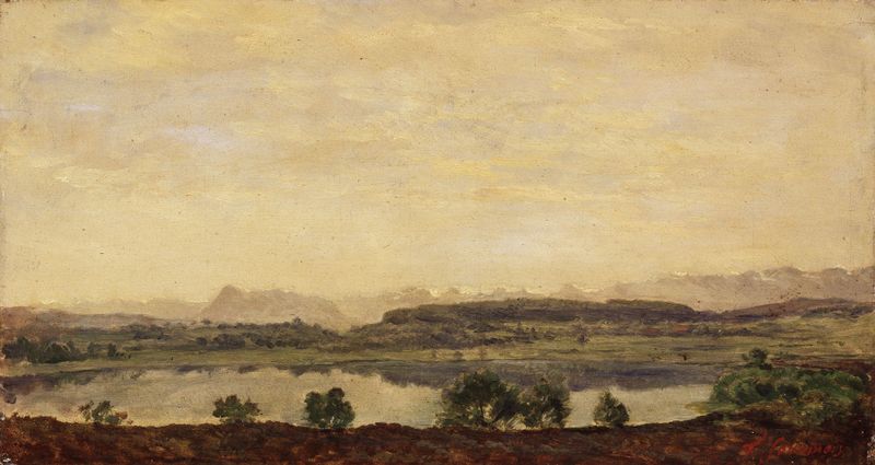 Paisaje montañoso con un lago, óleo sobre lienzo de Théodore Fourmois