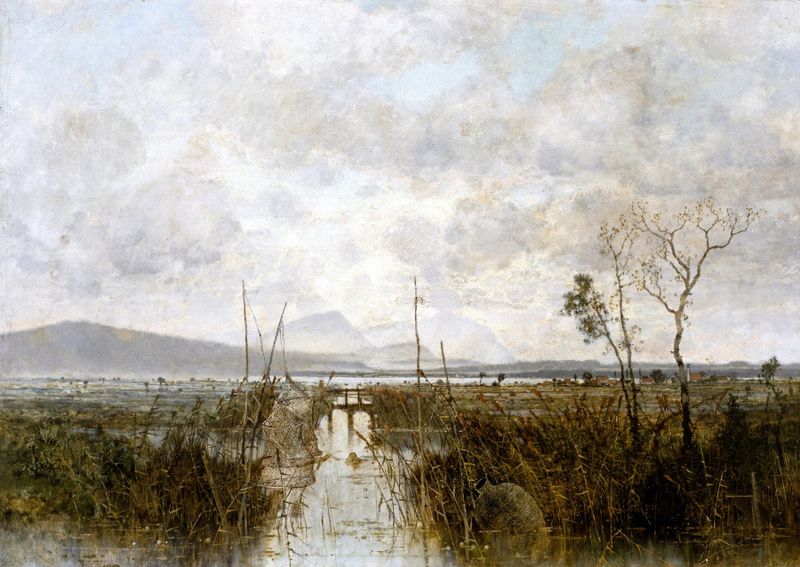 Impressionist landscape with fishing baskets by Karl Heffner